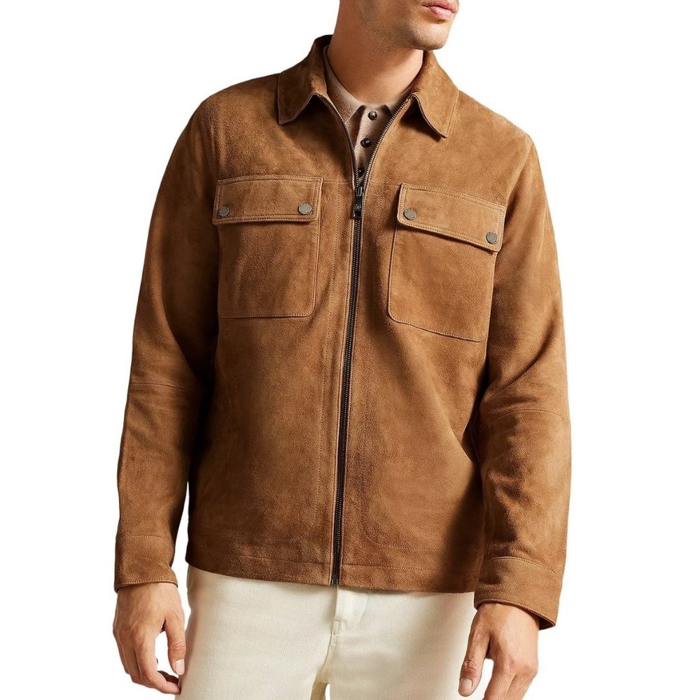 Ted Baker London Men's Theirry Full Zip Suede Shirt Jacket Snap Top Pocket Camel